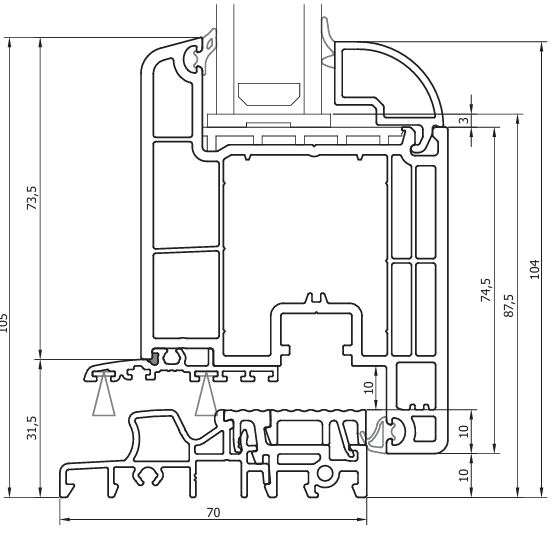 Detalj profila i  sastava PVC vrata DECCO 71.