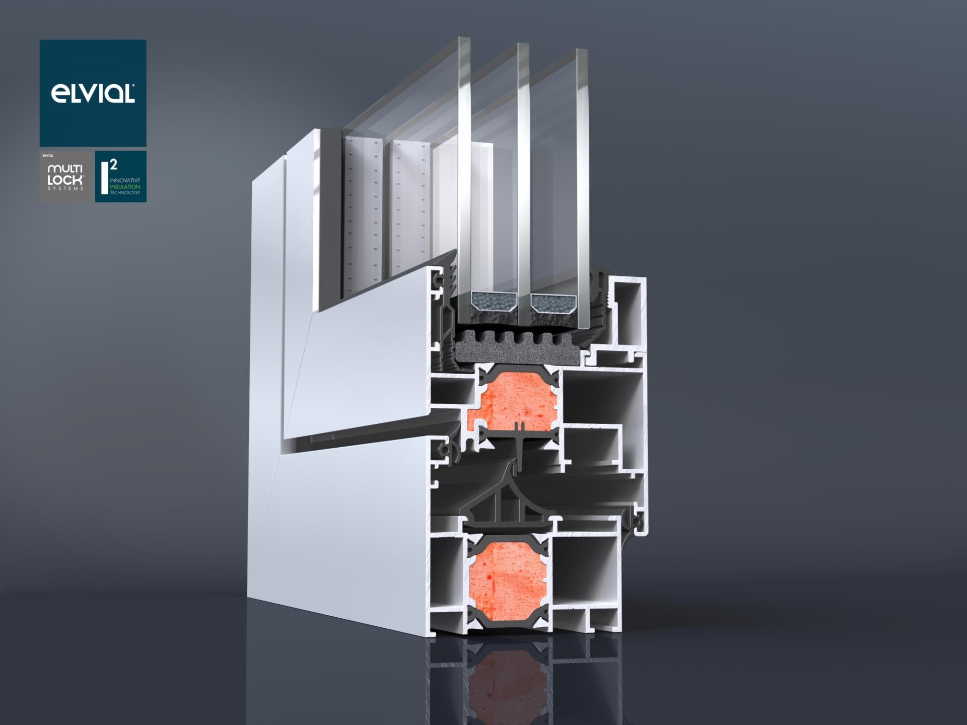 Presek termoizolovanog aluminijumskog sistema Elvial 4600 namenjenog izradi prozora i balkonskih vrata, sa mogućnošću ugradnje dvoslojnog i troslojnog termo stakla.