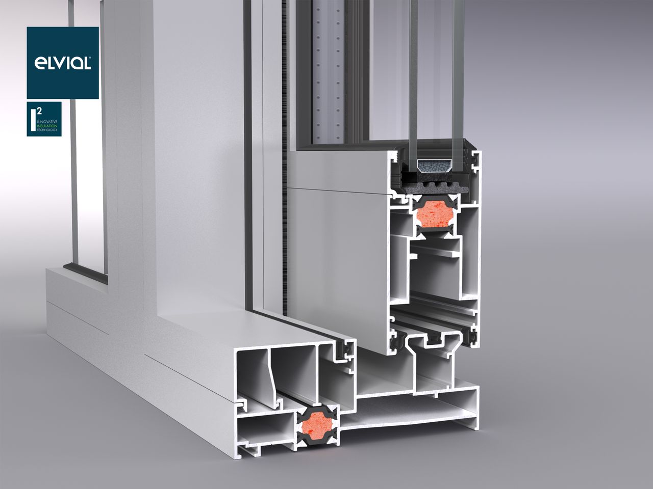Presek podizno-kliznog aluminijumskog sistema Elvial 6700 (HST), namenjenog velikim staklenim površinama, sa visokom termo i zvučnom izolacijom.